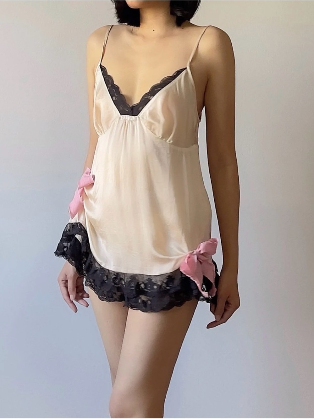 Silky Cream Lace-Trim Chemise with Pink Bows